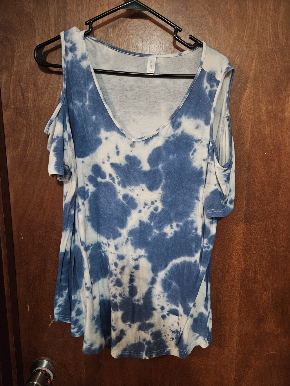 Women’s Blue Tie-Dye Cold-Shoulder V-Neck Top
